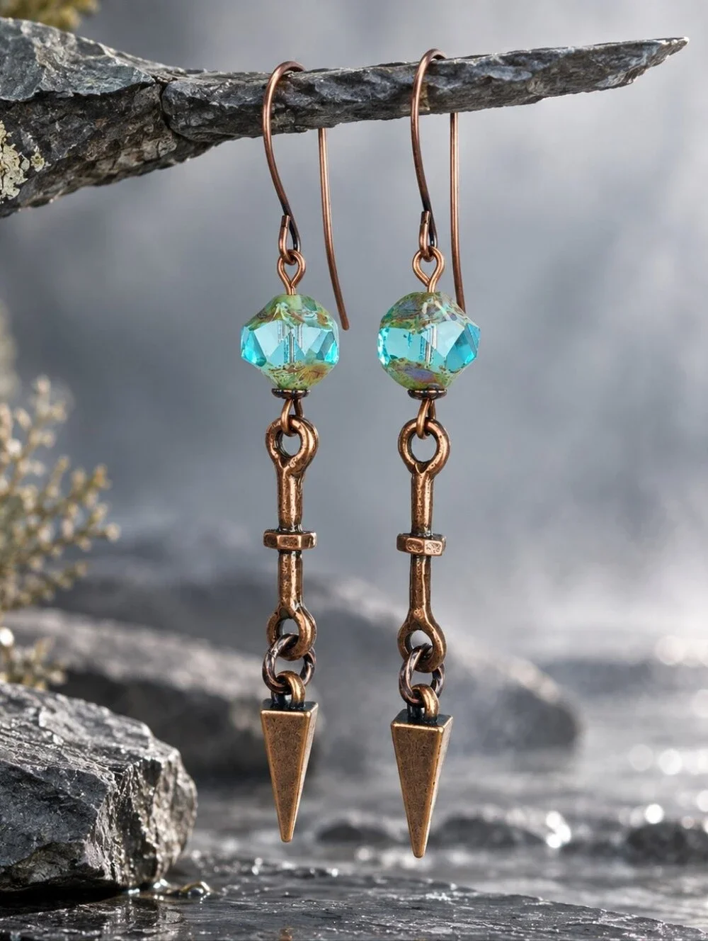 Aqua Czech Glass Spike Earrings Antiqued Copper Hand Crafted